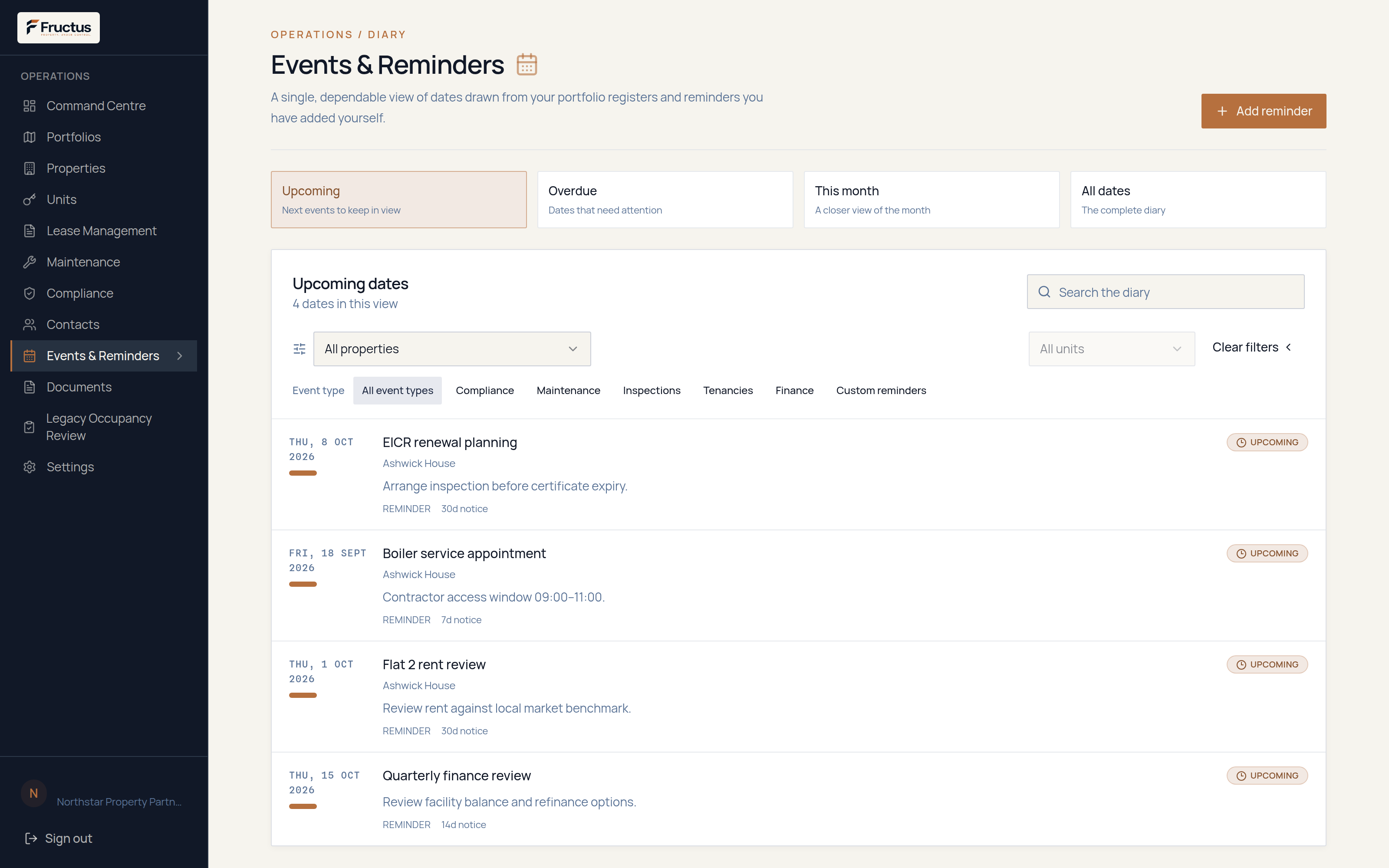 Fructus events calendar showing property and lease dates across an estate