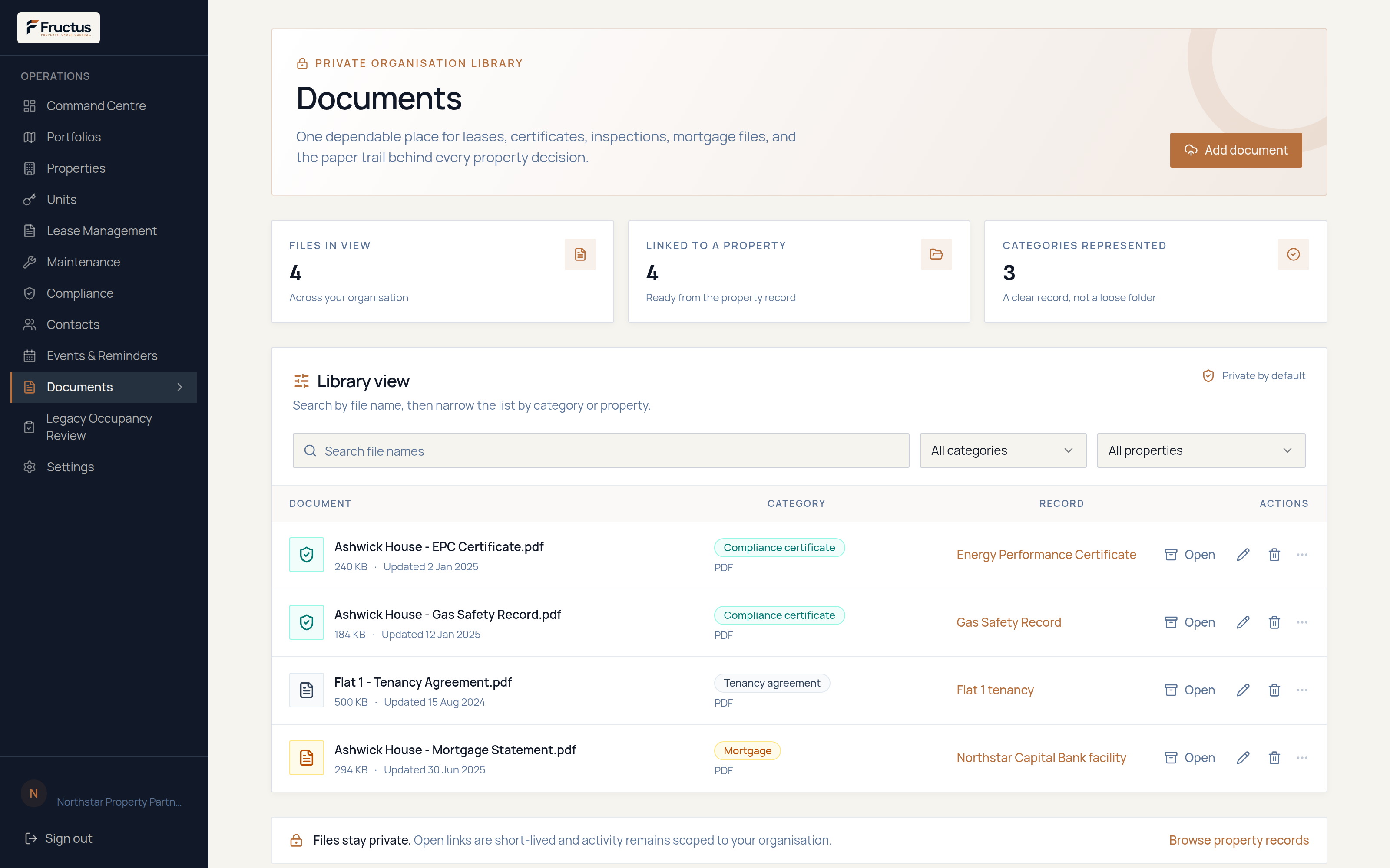 Fructus documents workspace showing property records kept in context