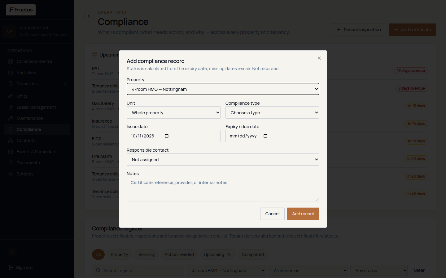 Add compliance record dialog with Property, Unit set to Whole property, Compliance type, Issue date, Expiry / due date, Responsible contact, Notes, Cancel and Add record