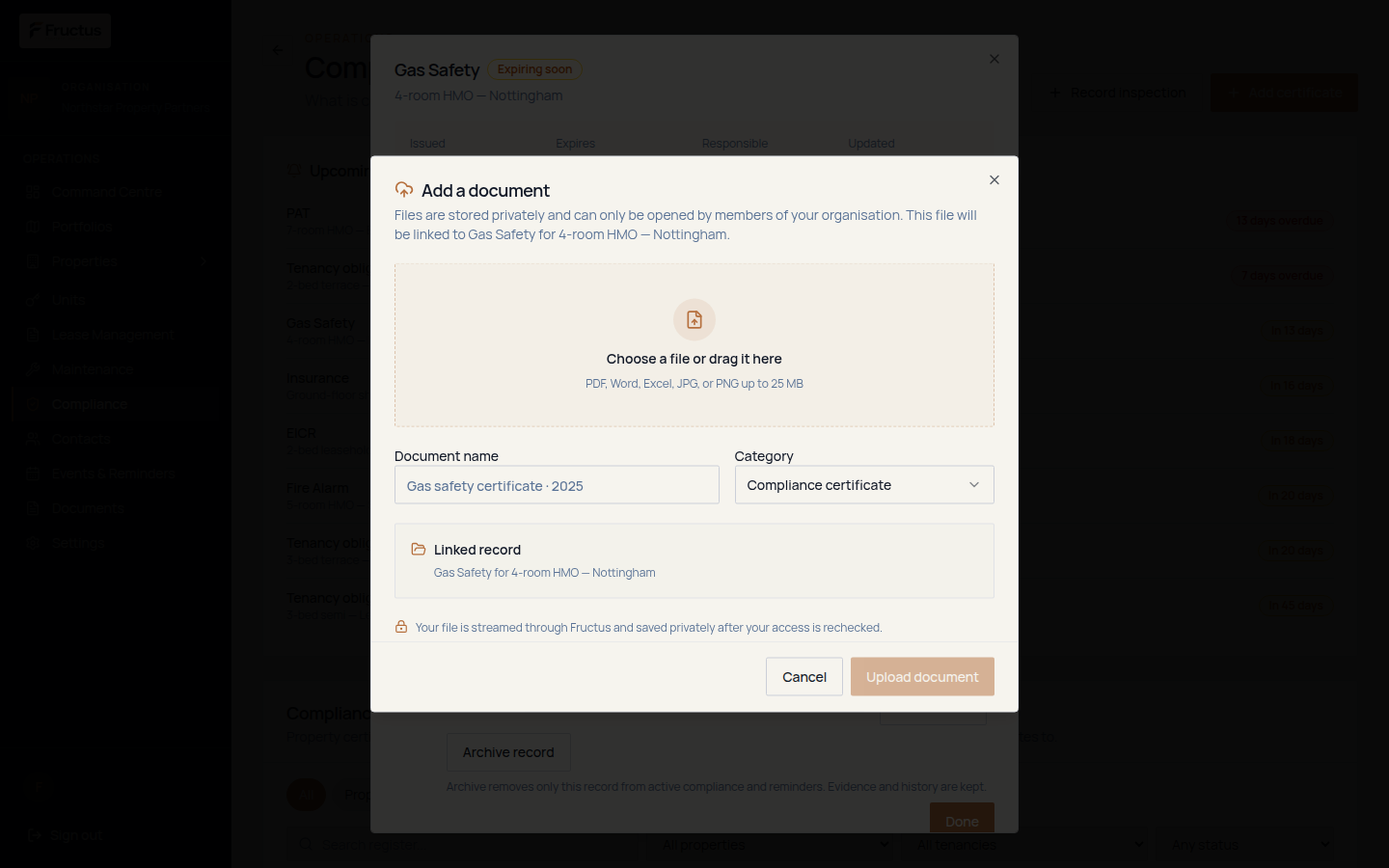 Add a document dialog linked to a fictional Gas Safety record, with a file drop area accepting PDF, Word, Excel, JPG or PNG up to 25 MB, Document name, Category, Linked record and Upload document