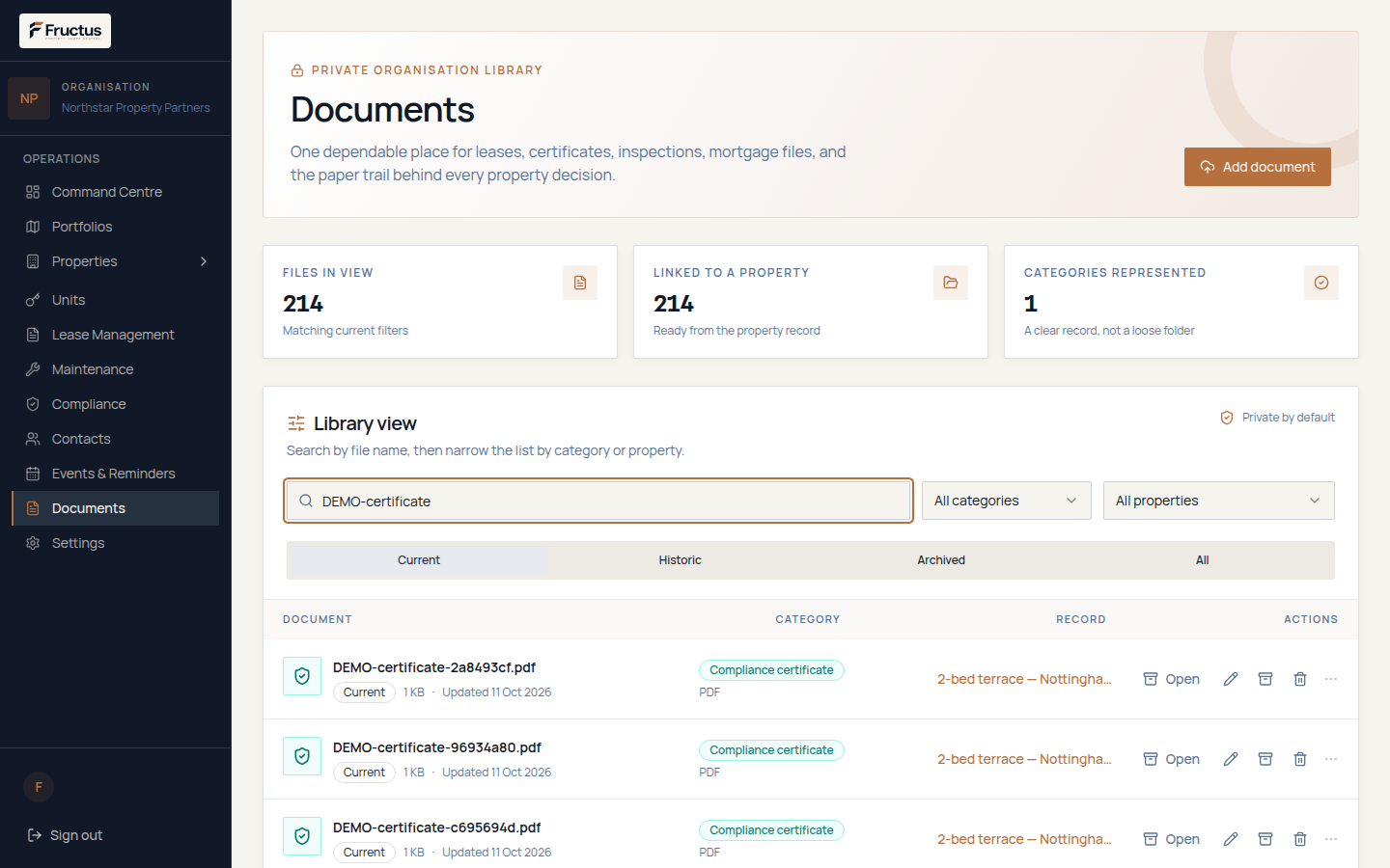 Fructus Documents library for the fictional Northstar organisation showing searchable compliance documents with categories and linked properties