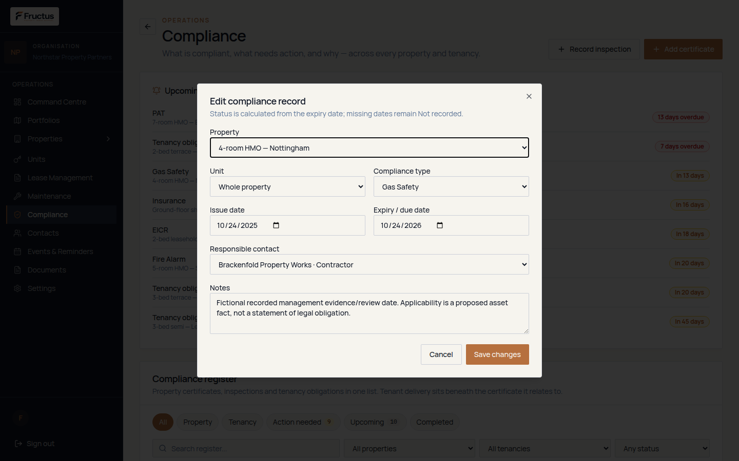 Edit compliance record dialog populated with a fictional Gas Safety record, showing property, unit, compliance type, issue and expiry dates, responsible contractor, notes, Cancel and Save changes