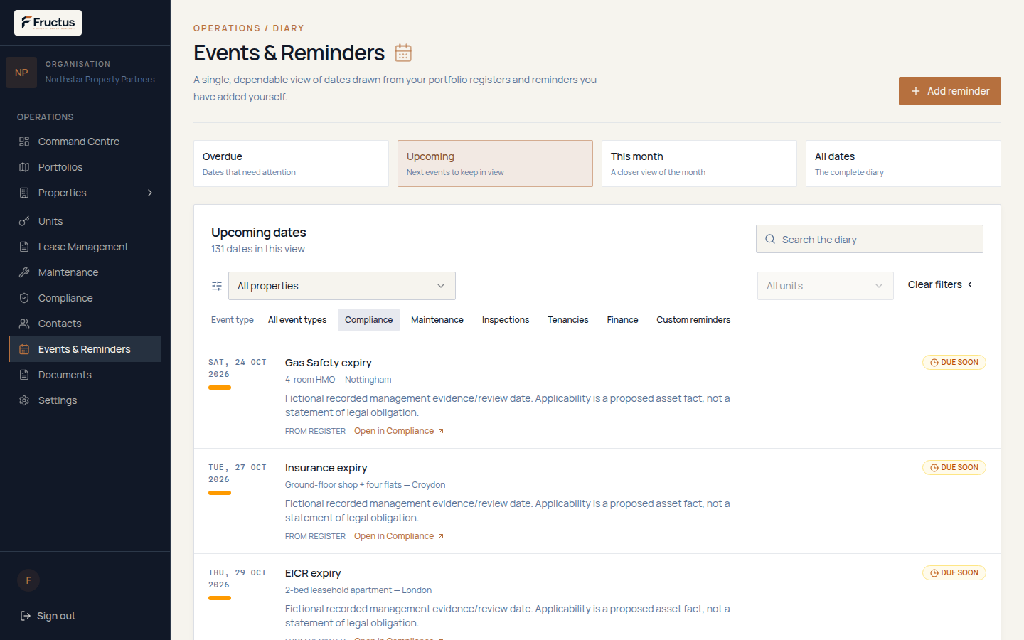 Events and Reminders diary on the Upcoming view with the Compliance event type selected, listing fictional Gas Safety, Insurance and EICR expiry dates marked Due soon with Open in Compliance links