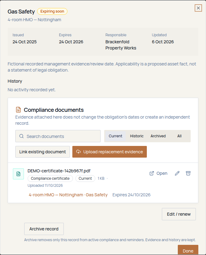 Close view of a fictional Gas Safety record panel showing issued and expiry dates, responsible contact, history and the Compliance documents section