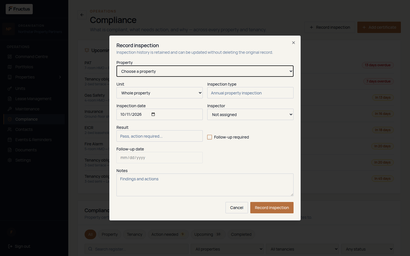 Fructus Record inspection form showing fields for property and unit, inspection type and date, inspector, result, notes and follow-up required