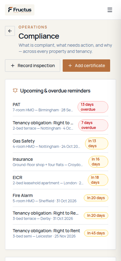 Fructus compliance reminders on a phone, showing approaching and overdue requirements for fictional Northstar demonstration data
