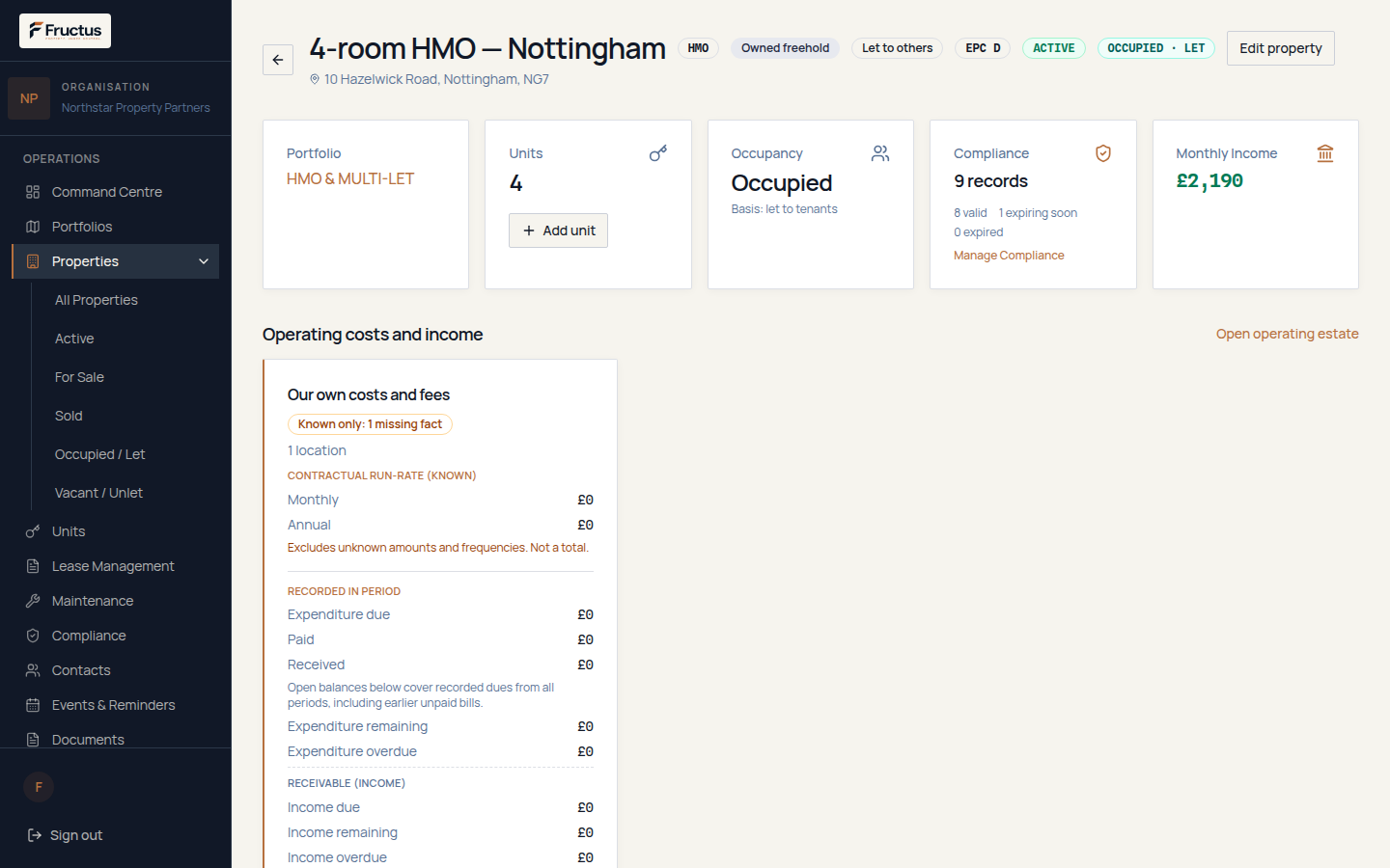 Fictional Nottingham HMO property overview with a Compliance card showing 9 records, 8 valid, 1 expiring soon, 0 expired and a Manage Compliance link