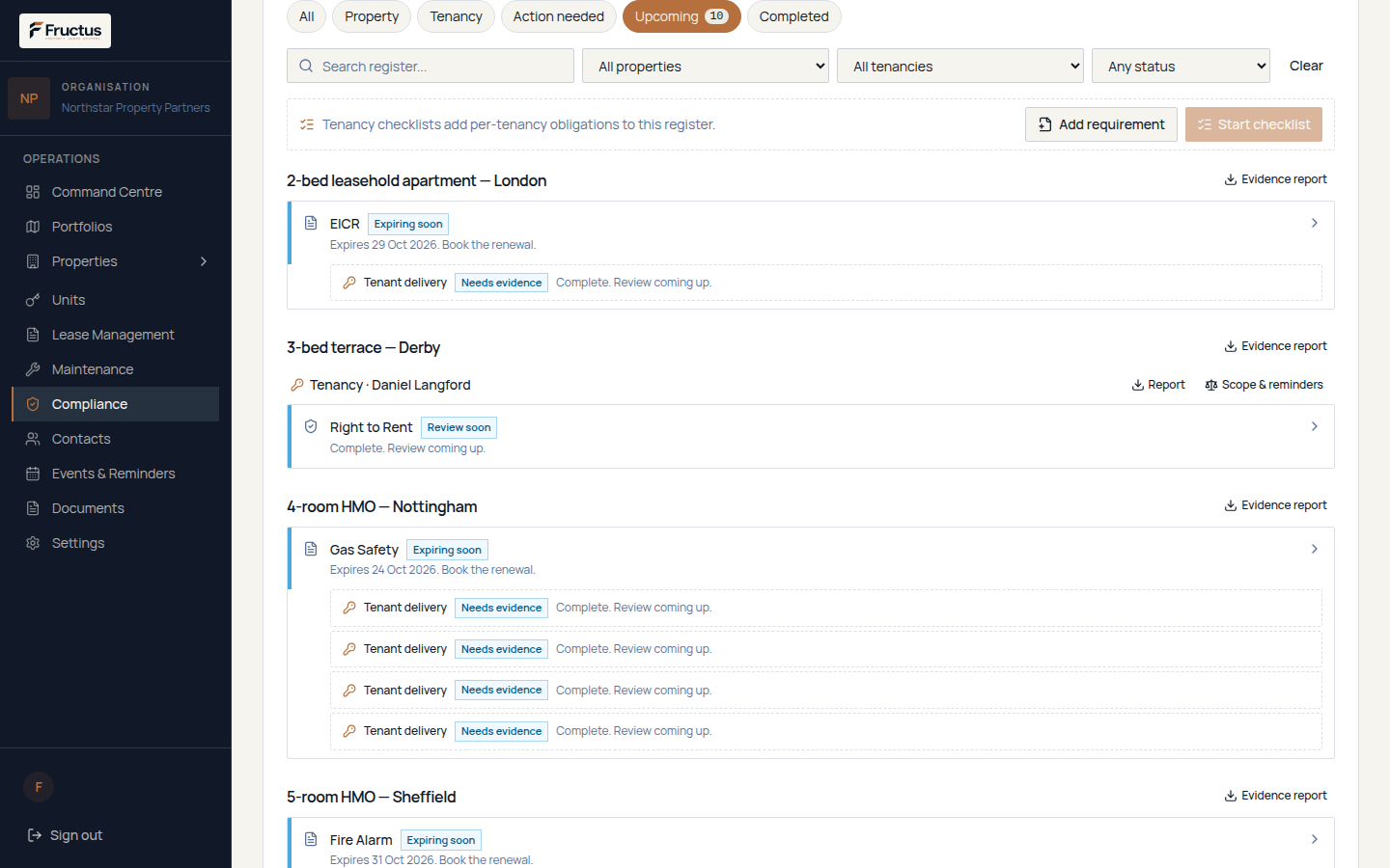 Fructus Upcoming compliance register for fictional Northstar data, listing tenancy requirements including recorded tenant-delivery rows beneath their related certificates