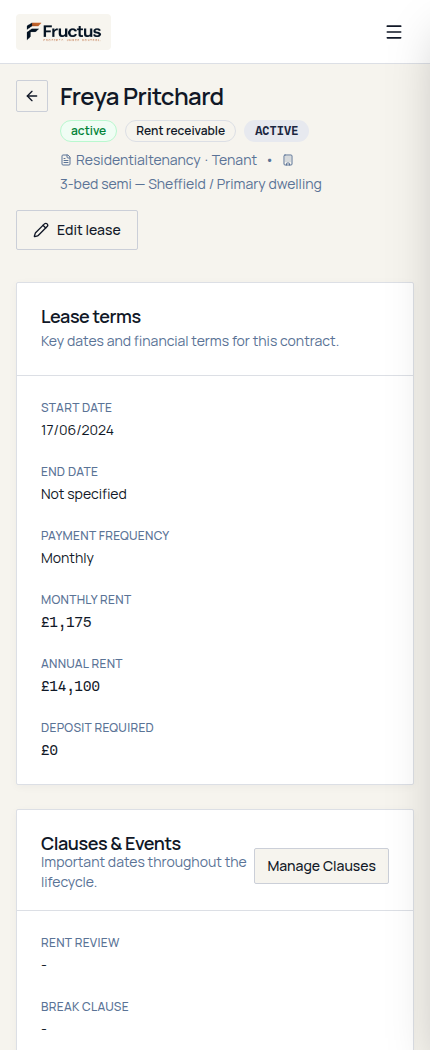 Fructus tenancy record on a phone-sized screen for fictional demonstration data showing the tenant, linked property and unit, and recorded contractual rent