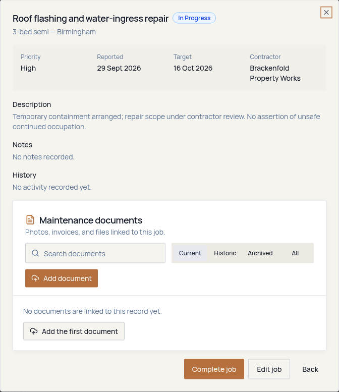 Maintenance job detail showing In Progress status, High priority, reported and target dates, contractor, description, notes, History, Maintenance documents, Complete job and Edit job