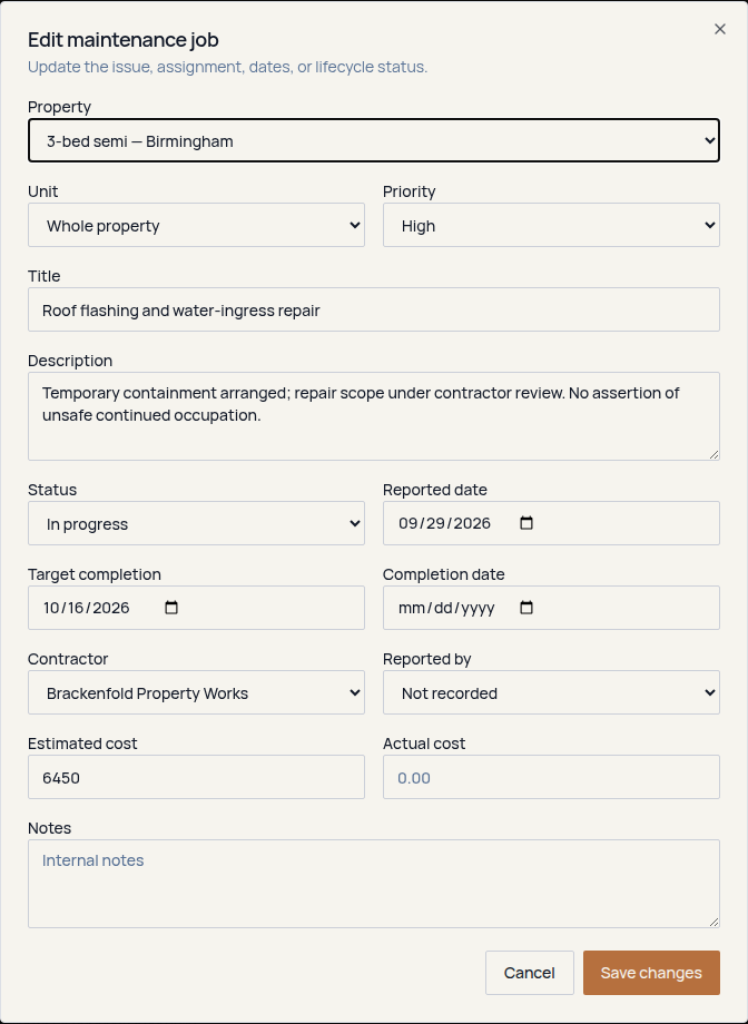 Fructus Edit maintenance job form showing status, priority, contractor assignment, target completion date and estimated and actual costs