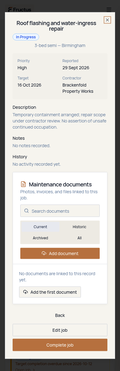 Fructus maintenance job detail in a mobile browser showing status, priority, property, dates and contractor for a fictional Northstar job