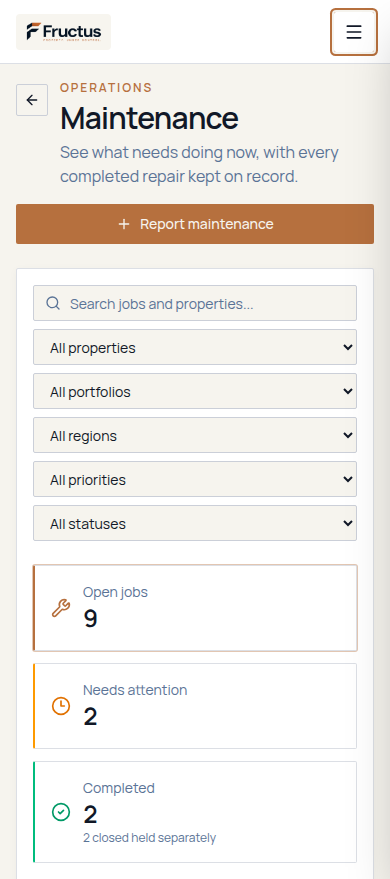 Fructus Maintenance overview in a mobile browser showing open jobs and jobs needing attention for fictional Northstar data