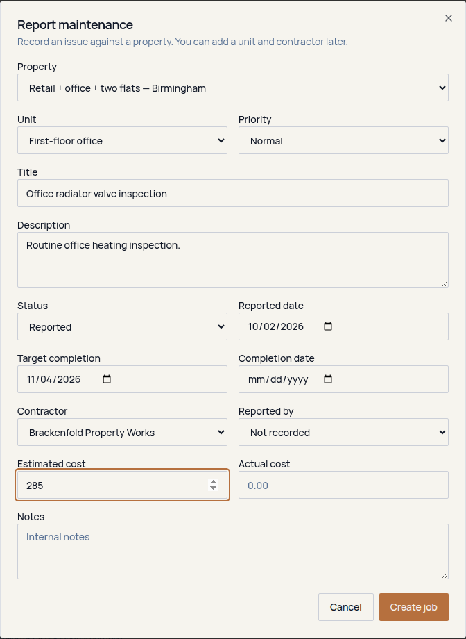 Fructus Report maintenance form with fields for property, unit, title, description, priority, reported date, contractor, target completion date and cost