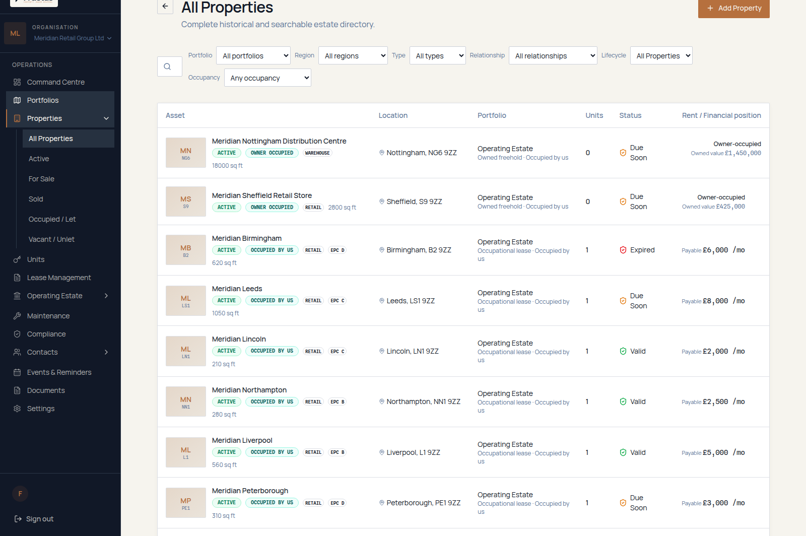 Fructus property directory after switching to the fictional Meridian Retail Group Ltd organisation, showing the first rows of its 18 property records in a single Operating Estate portfolio