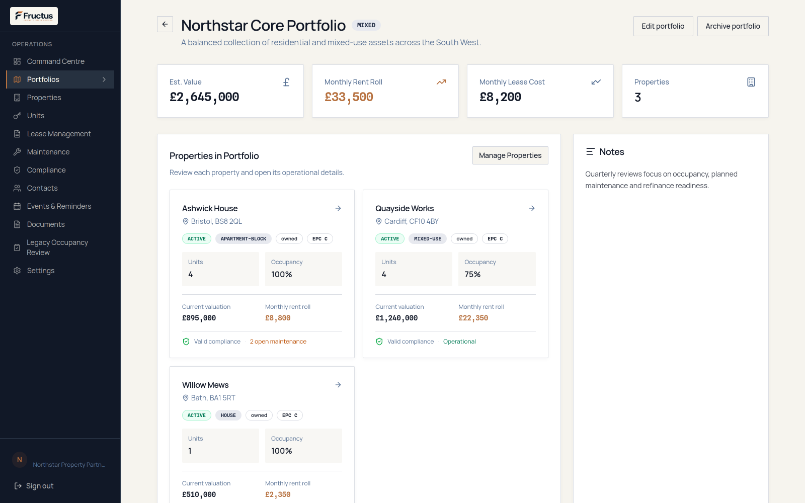 Fructus portfolio overview showing properties and portfolio information