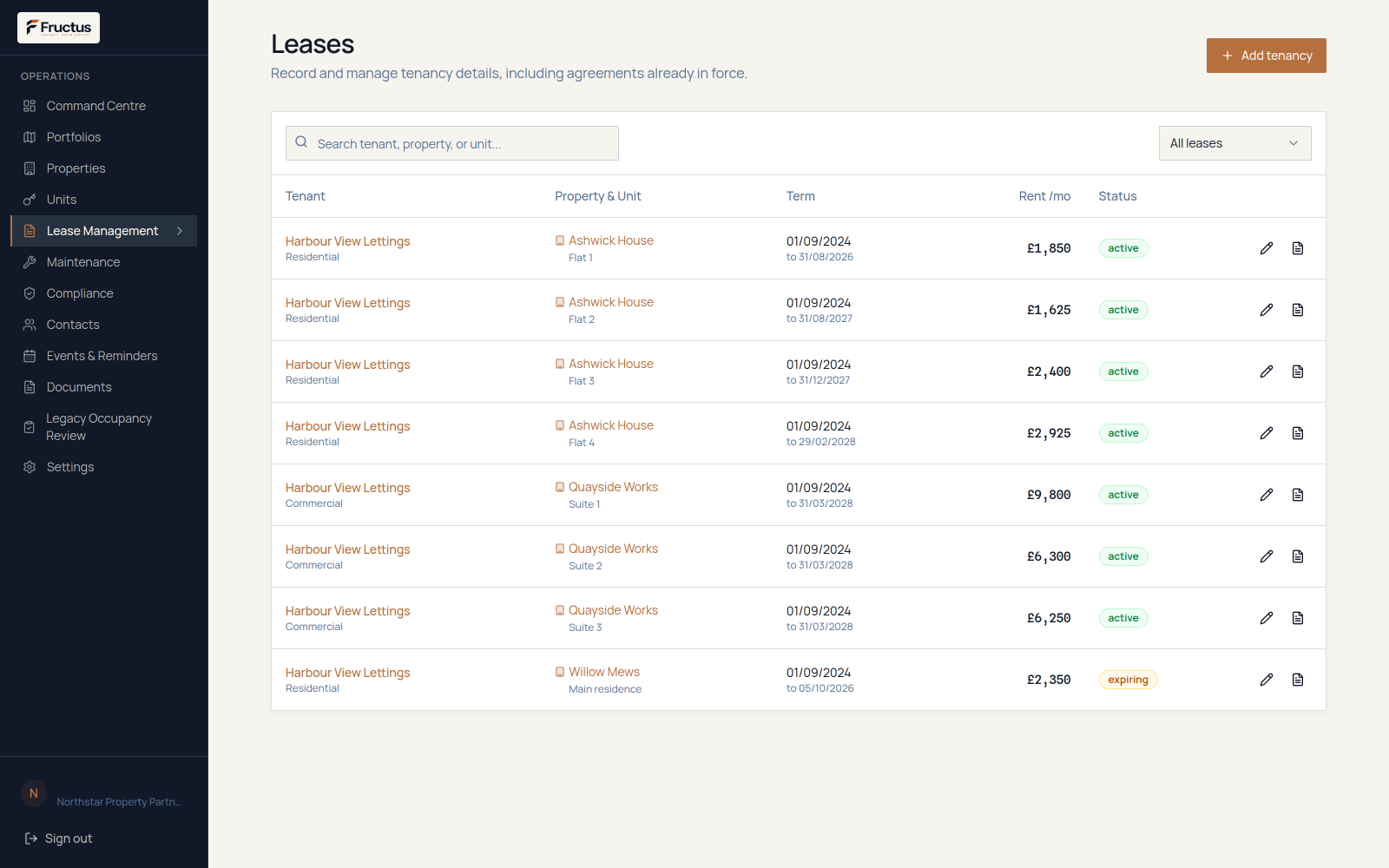 Fructus lease management workspace showing lease information and key dates