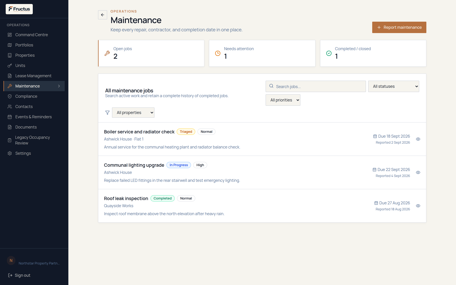 Fructus maintenance workspace showing property issues and activity