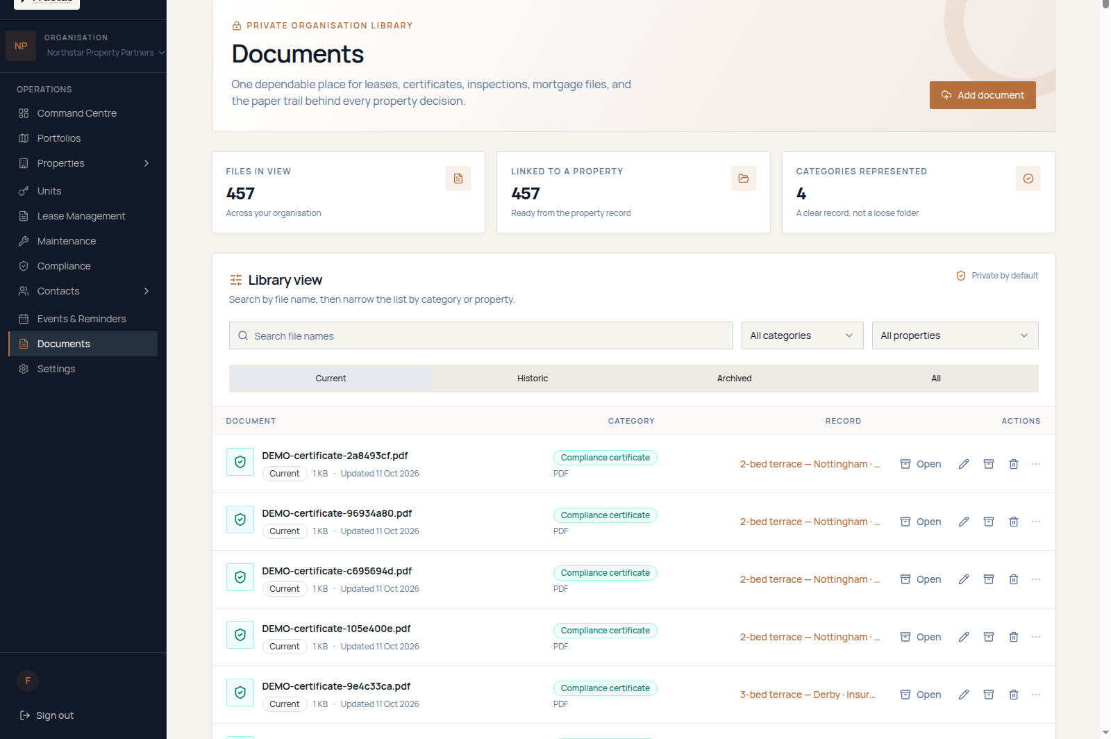 Fructus organisation document library for fictional Northstar demonstration data, listing property documents with their category, linked property record and status, alongside filename search and category and property filters
