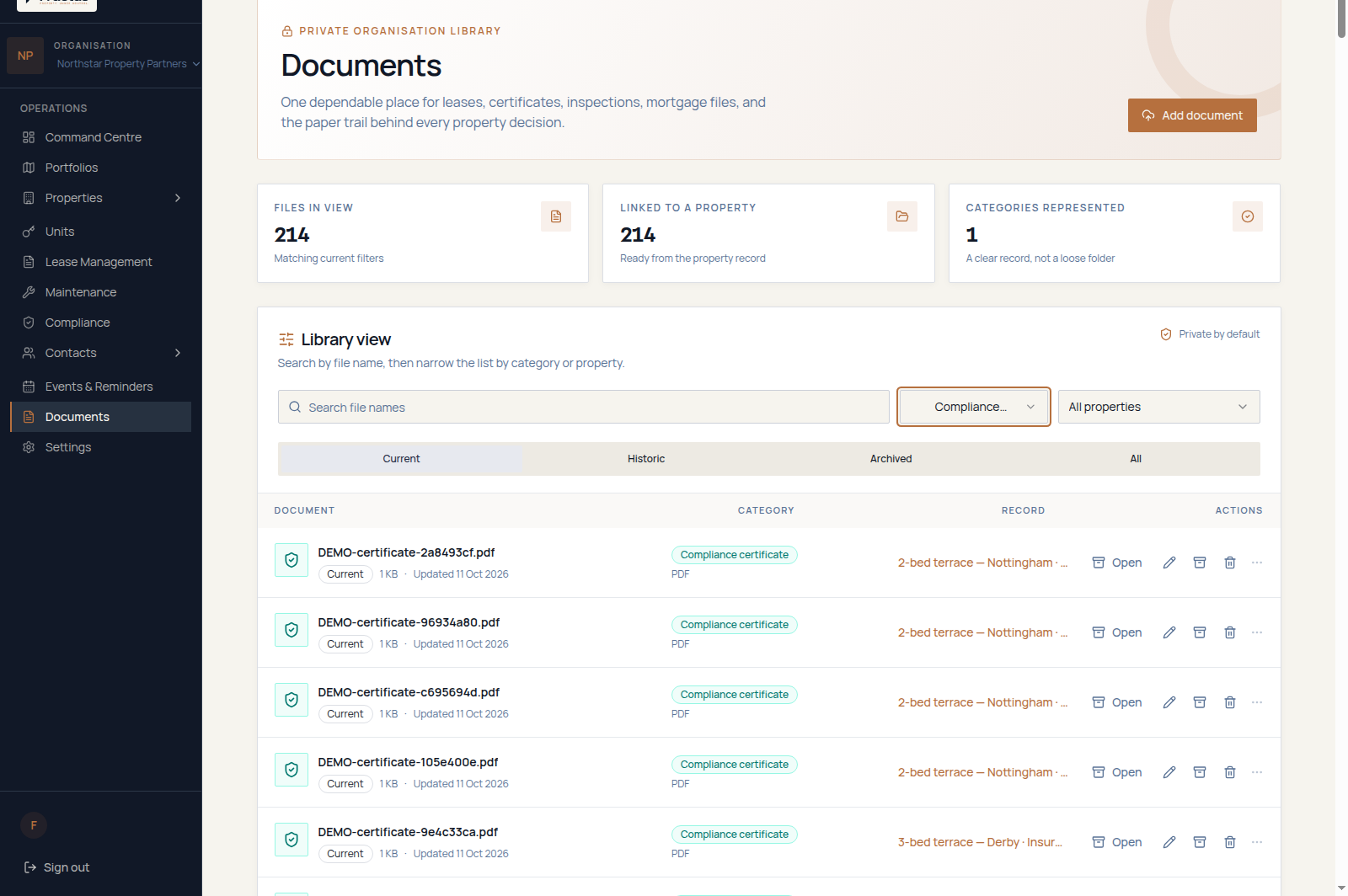 Fructus document library for fictional demonstration data with the document category filter in use, showing the categories available for organising property records