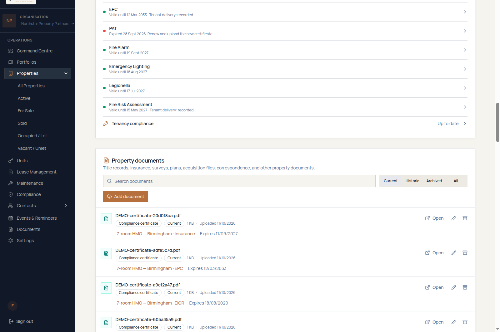 Fructus property record for a fictional Northstar demonstration property showing its linked documents, such as certificates, insurance and other supporting records