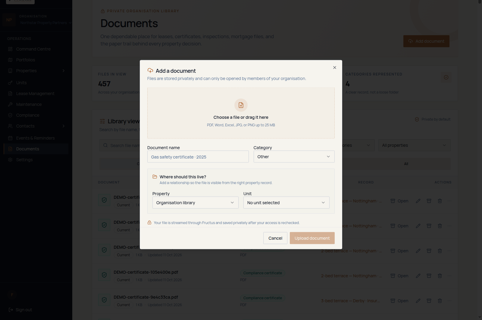 Fructus document upload form showing file selection, document category, linked property and related record fields, with supported formats PDF, Word, Excel, JPG and PNG and a 25 MB maximum file size
