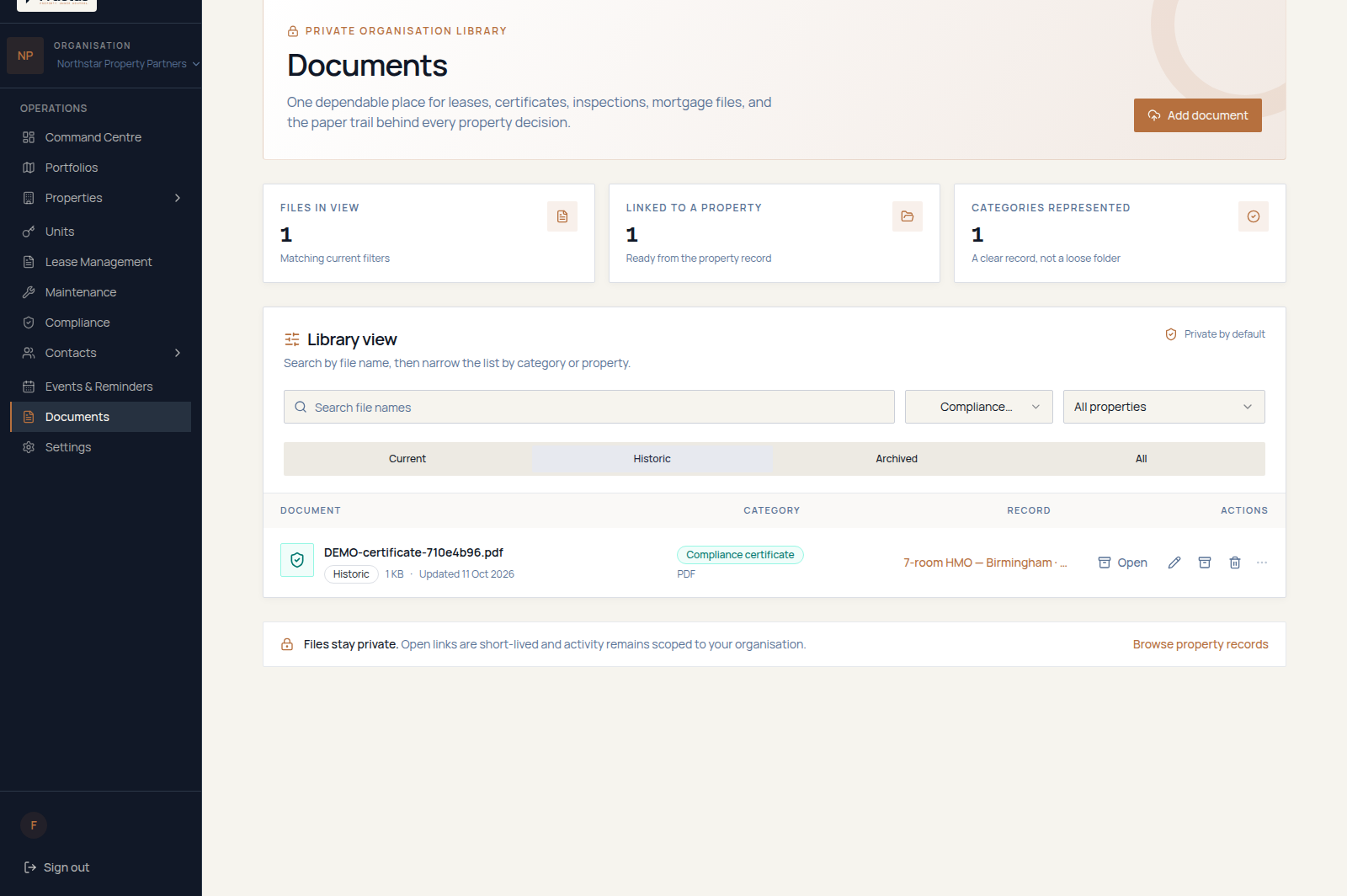 Fructus document library for fictional demonstration data filtered to historic documents, primarily evidence linked to expired compliance records, kept separate from current documents