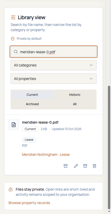 Fructus document library on a phone-sized browser screen for fictional demonstration data, showing a list of property documents with their categories