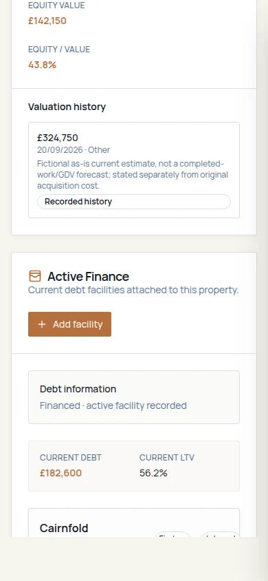 Fructus property valuation history showing a dated valuation entry and an active finance facility card