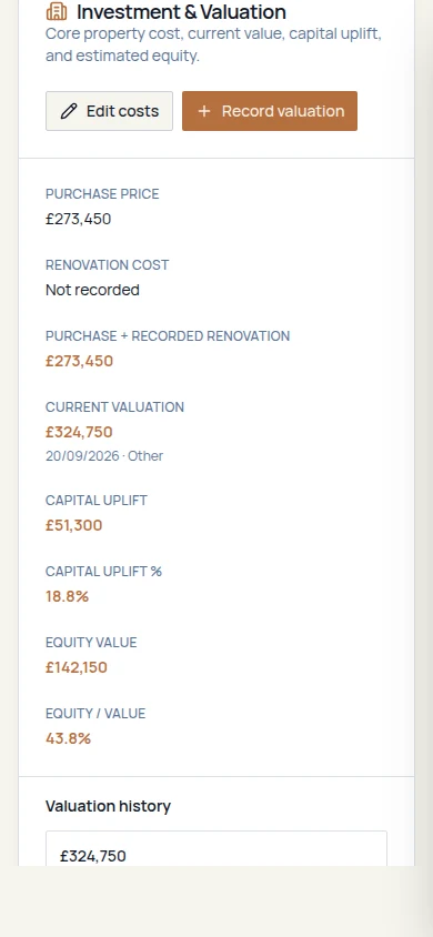 Fructus property investment screen showing purchase price, current recorded valuation, capital uplift and percentage, and estimated equity and percentage