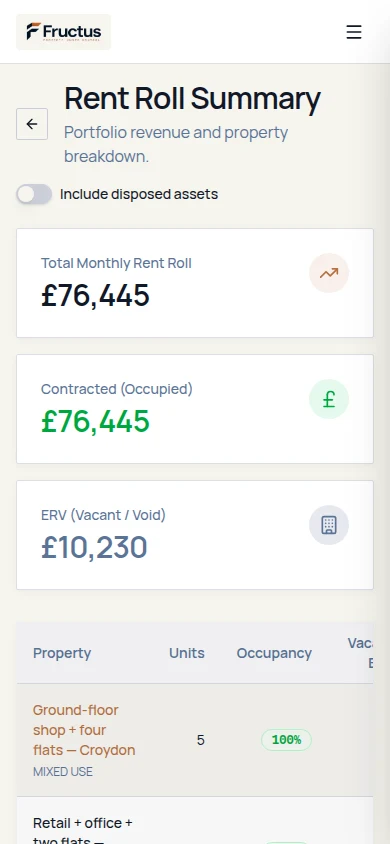 Fructus rent roll on mobile showing contracted totals, occupied rent, vacant estimated rental value and property occupancy