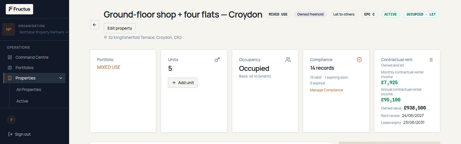 Fructus property record for fictional demonstration data showing contractual rent from the current rental agreements linked to that property and its units