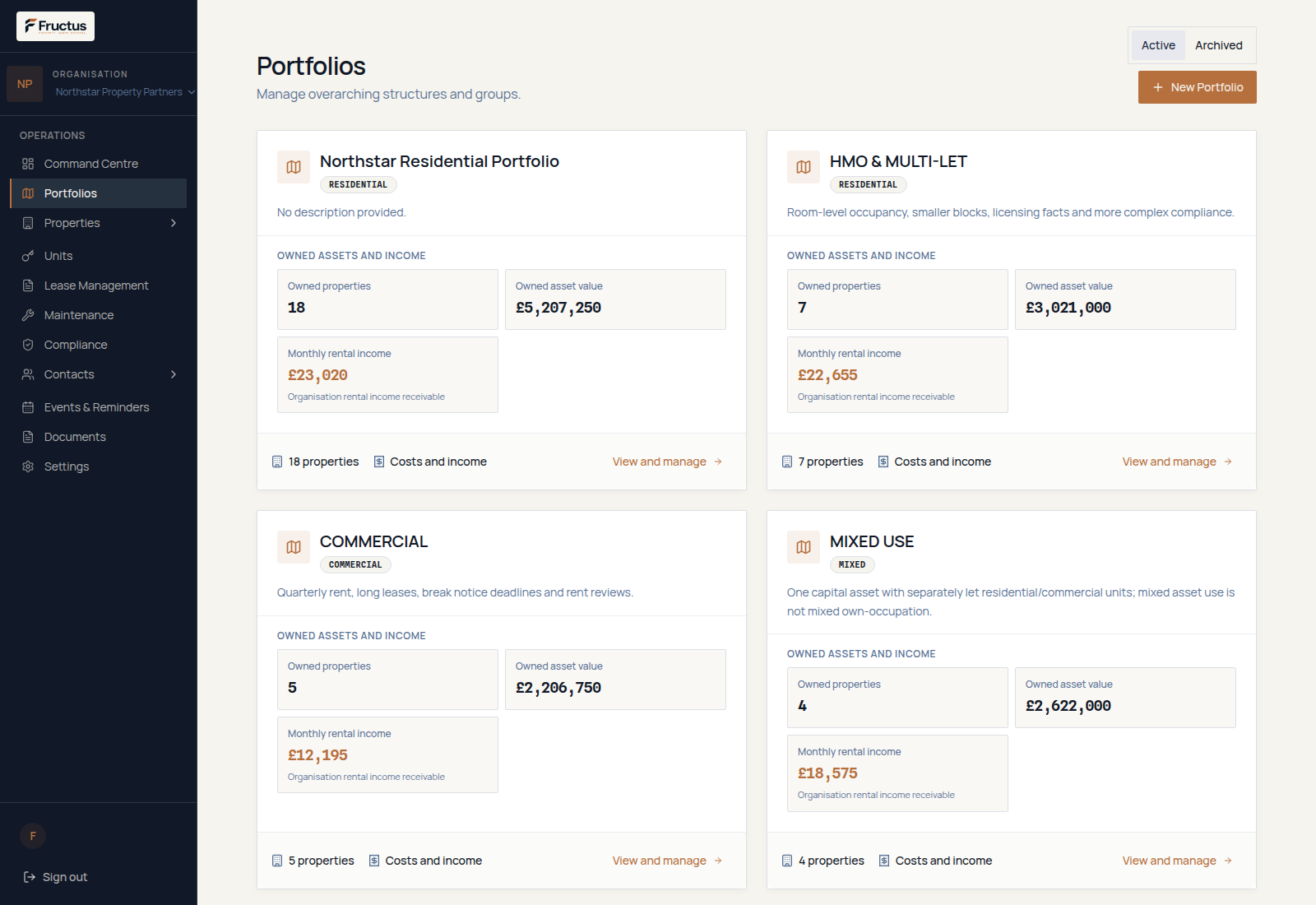 Fructus portfolio cards for fictional Northstar demonstration data showing monthly contractual rental income for residential, HMO, commercial and mixed-use portfolios, separately from owned asset values