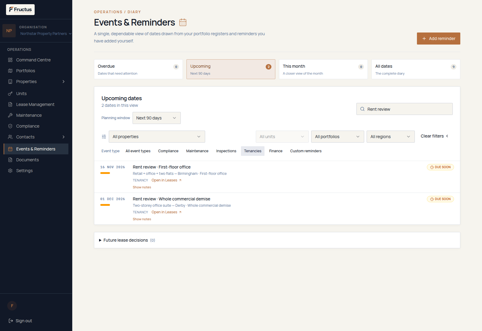 Fructus Events and Reminders view for fictional demonstration data listing rent review dates recorded against tenancies and leases