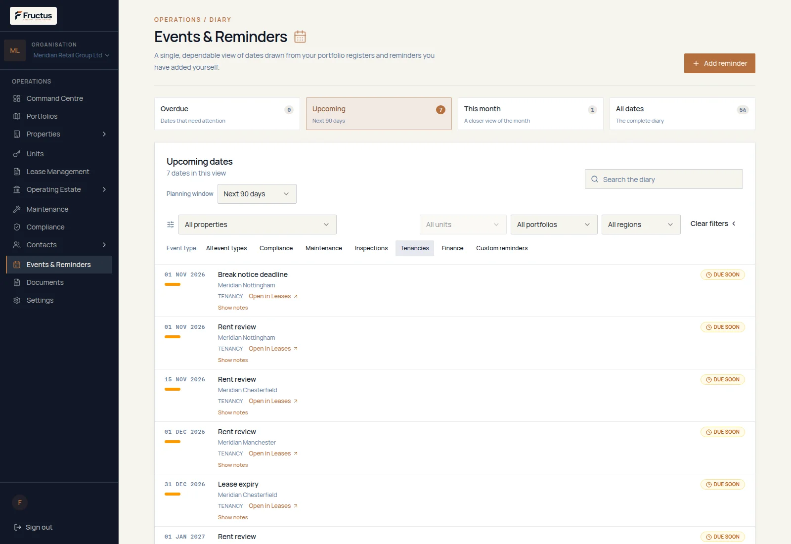 Fructus Events and Reminders view showing recorded commercial lease expiries, rent reviews, break dates and calculated break notice deadlines