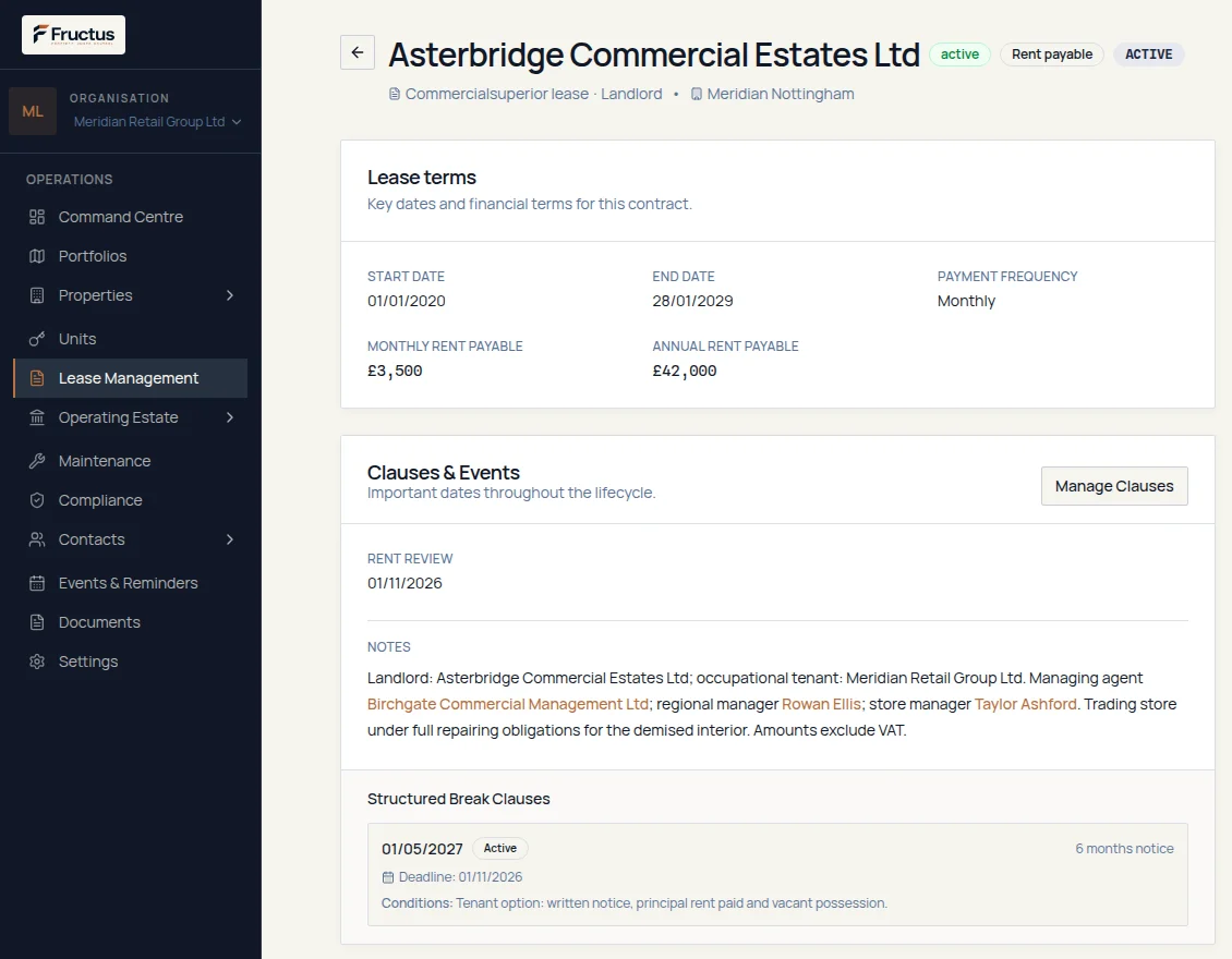 Fructus commercial lease detail for fictional Meridian data showing commencement and expiry dates, recorded monthly rent and annual equivalent, payment frequency, rent review dates and a structured break clause with notice period, calculated deadline, conditions and clause status