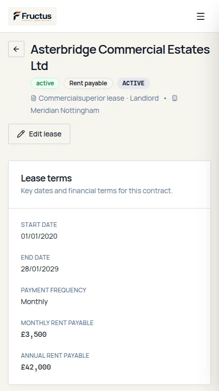 Fructus commercial lease detail for fictional Meridian data on a phone-sized screen showing the landlord, rent payable, commencement and expiry dates, monthly and annual rent, and payment frequency