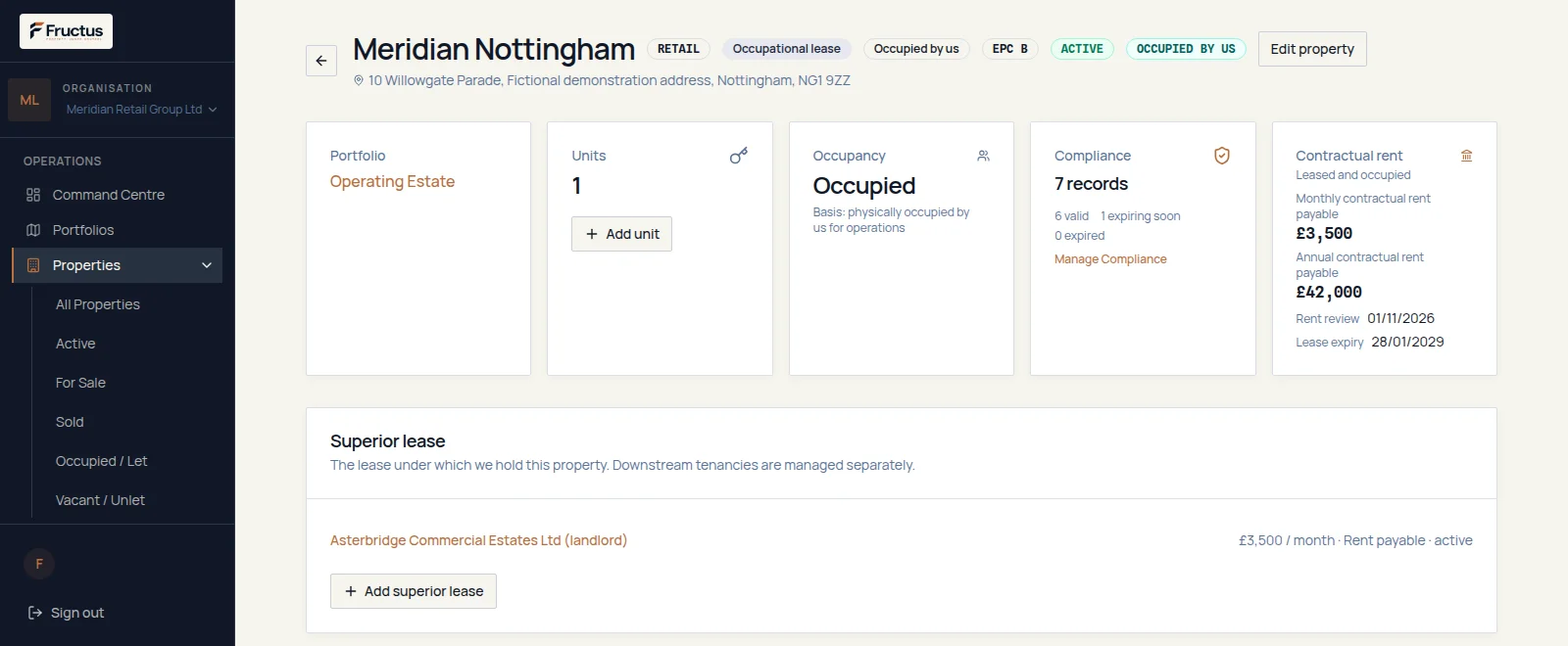 Fructus property record for fictional Meridian premises showing the occupational lease under which the organisation occupies the property