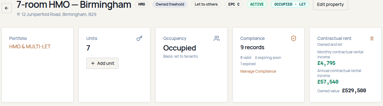 Fructus property overview for a fictional Birmingham HMO showing Active and Occupied, Let status, its portfolio association and summary figures including contractual rent