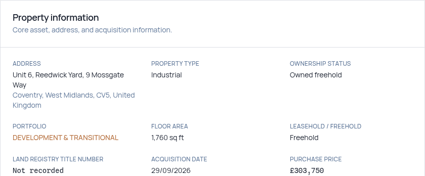 Fructus property information for a fictional Coventry workshop showing the recorded ownership relationship, portfolio, acquisition date and purchase price
