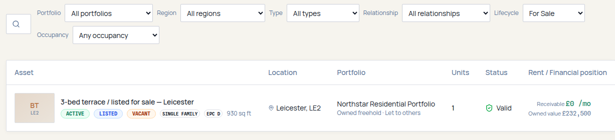 Fructus property directory with the For Sale filter selected, showing a single fictional Leicester terrace marked Active, Listed and Vacant