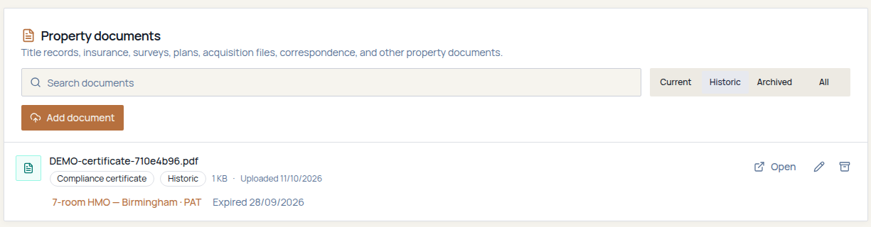 Fructus property document area for a fictional Birmingham HMO showing a PAT testing document marked Historic, derived from an expired compliance record