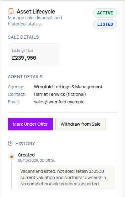 Fructus Asset Lifecycle card in a phone-width browser for a fictional Leicester property, showing Active and Listed status, asking price and selling-agent details