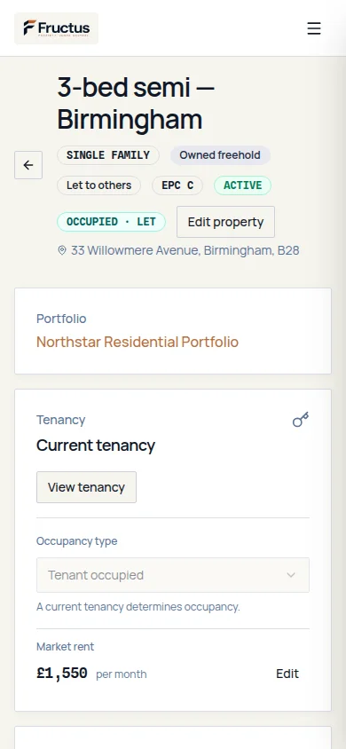 Fructus property overview in a mobile browser for a fictional Northstar property, showing its ownership relationship and portfolio
