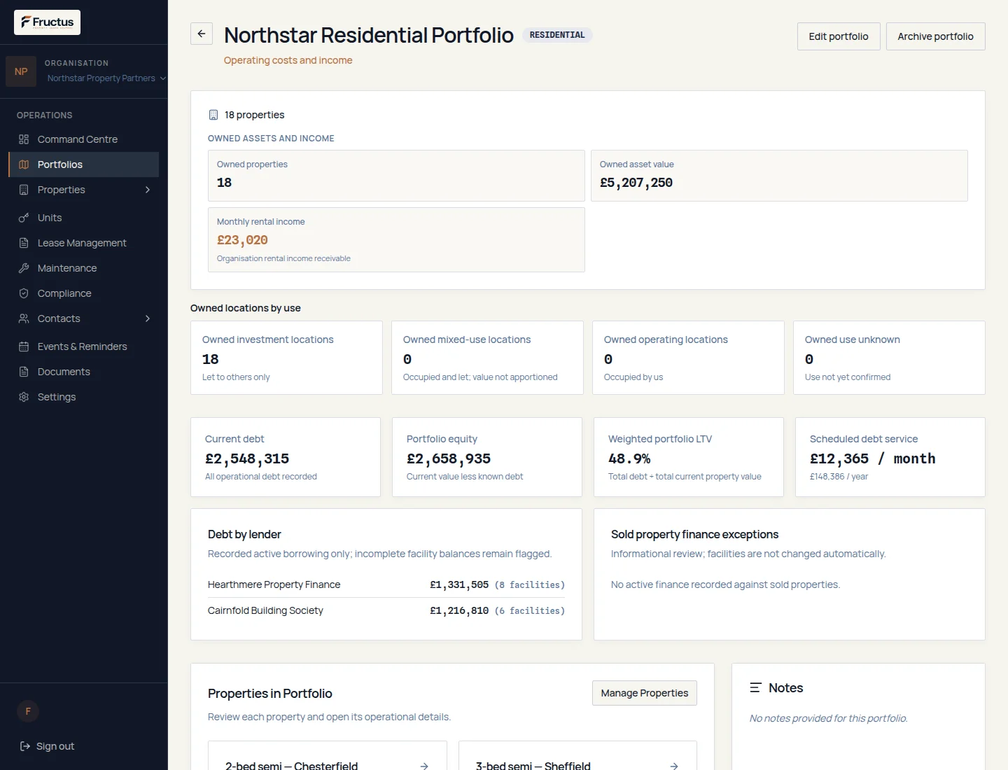 Fructus portfolio overview for the fictional Northstar Property Partners organisation showing property cards within a portfolio alongside recorded portfolio figures