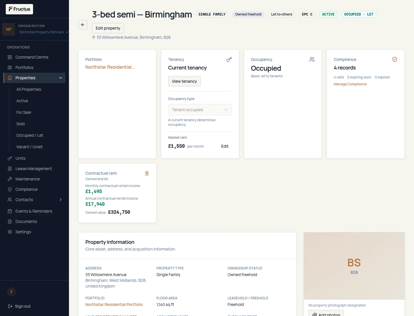 Fructus property overview for a fictional Northstar property showing an Owned freehold relationship, Let to others occupancy, its portfolio, the current tenancy and recorded rent details