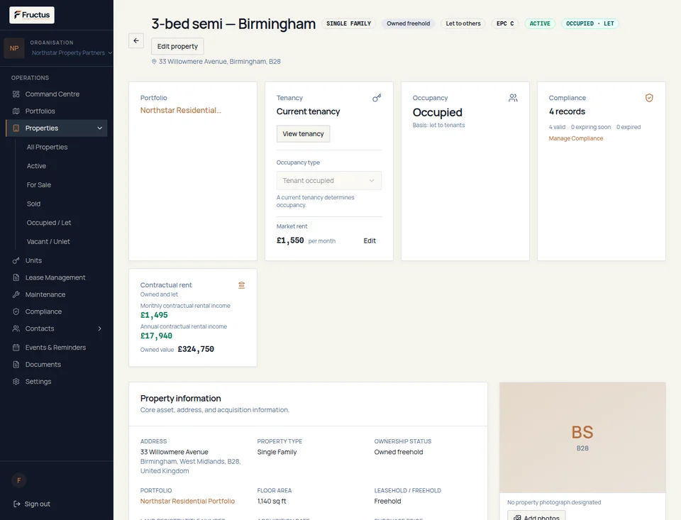 Fructus property record showing an owned freehold relationship, portfolio and current tenancy for fictional Northstar data