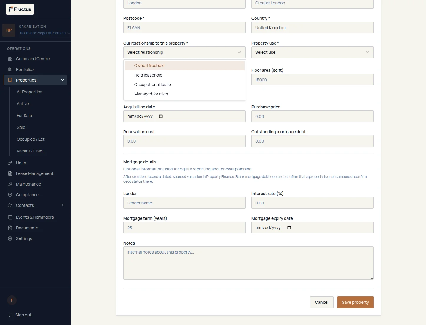 Fructus property form showing relationship options Owned freehold, Held leasehold, Occupational lease and Managed for client, with acquisition date, purchase price, renovation and debt fields