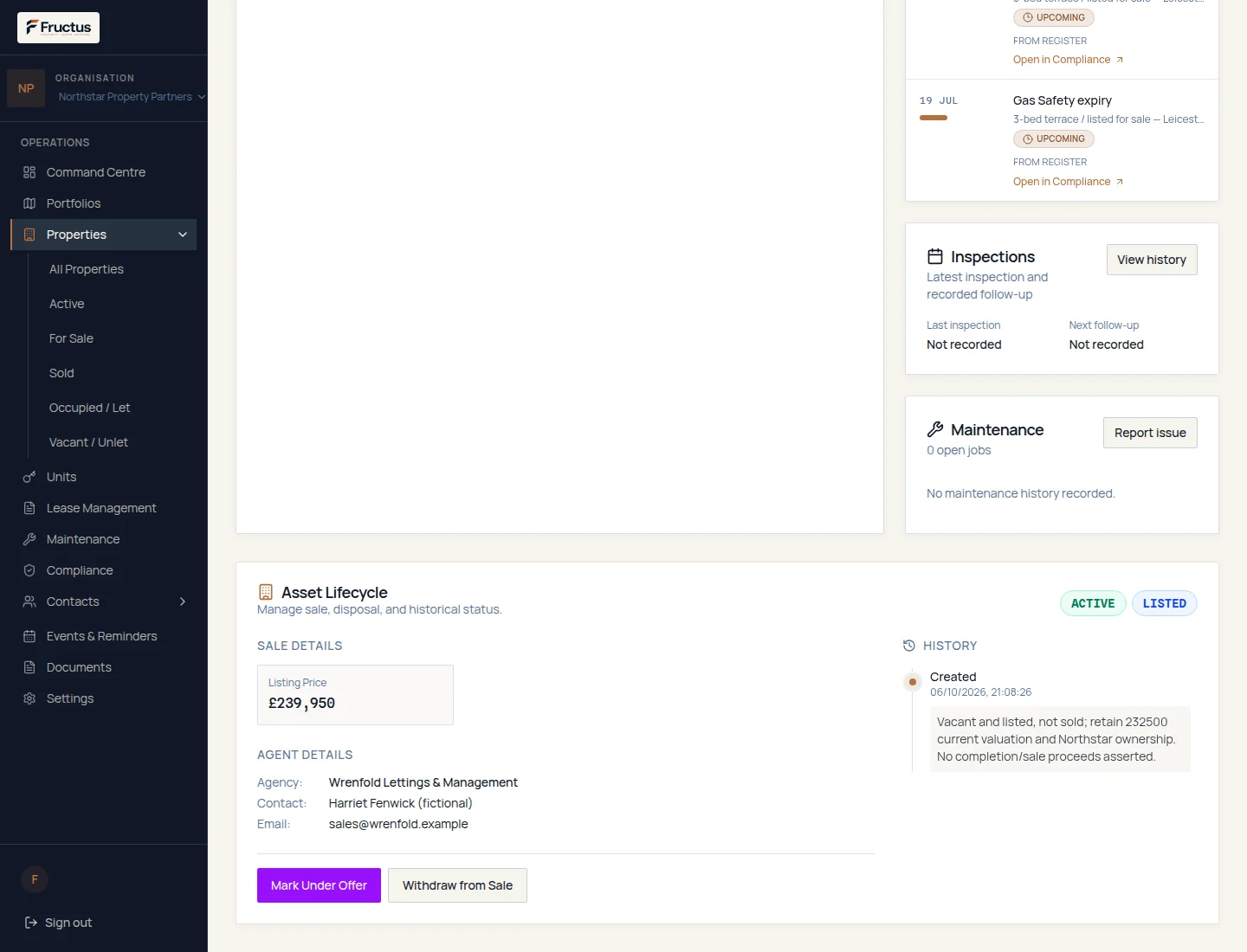 Fructus sale lifecycle panel for a fictional Northstar property showing an Active, Listed status, a listing price, Mark under offer and Withdraw from sale actions, and a Created history entry