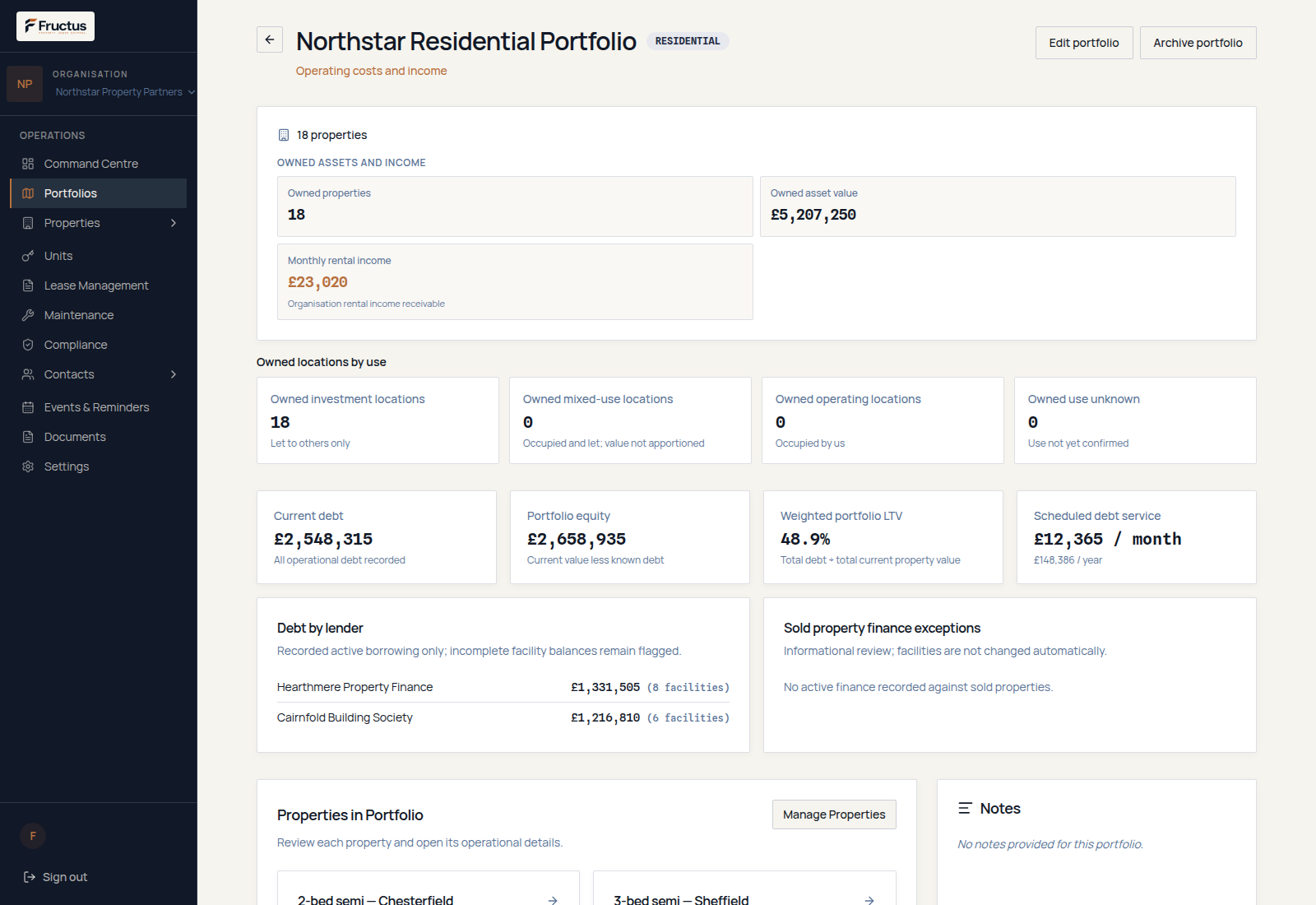 Fructus portfolio financial summary for fictional Northstar demonstration data showing owned property values, contractual rent receivable, recorded debt, estimated equity, LTV, scheduled payments and debt split by lender